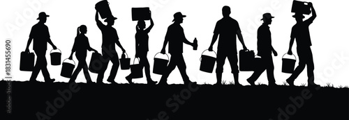 Group silhouette of people carrying water buckets and jerrycans walking on grass in black and white vector graphic