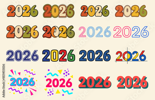 Diverse 2026 Year Numbers Design Collection Retro Groovy Celebration and Minimalist Styles Vector Graphics