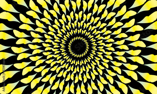 Vector abstract 3d background with curved leaf or petal patterns, bright color gradations on a black background, creating the illusion of depth and futuristic dynamic rotating movement.