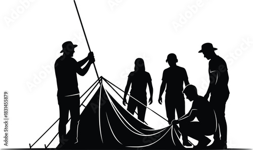 Group Teamwork Setting Up Tent Black Silhouette Vector Illustration Camping Activity Outdoor Adventure