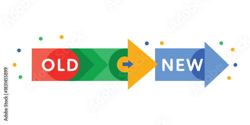 Colorful graphic showing the transition from old to new with arrow progression