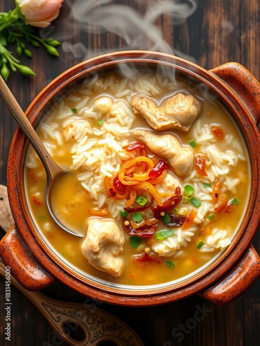 Overhead view of steaming rice and chicken congee with ginger and caramelized onions in a rustic clay pot,  comfort food,  asian