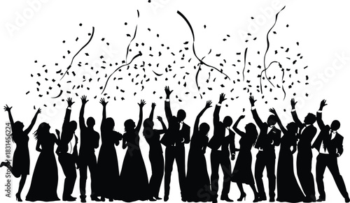 Crowd of party people celebrating under falling confetti and streamers black and white silhouette vector