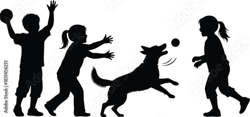 Children and Dog Playing with a Ball Silhouette Vector Illustration
