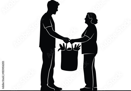 Young man assisting elderly woman with grocery bag silhouette Volunteer delivery and help concept black and white vector