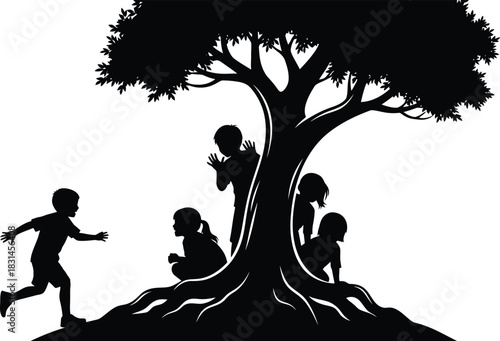 Children Playing Hide and Seek Game Around a Big Tree Silhouette Vector Illustration