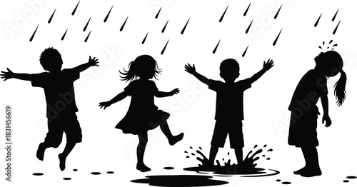 Happy children silhouettes playing in the rain and splashing in puddles on a white background