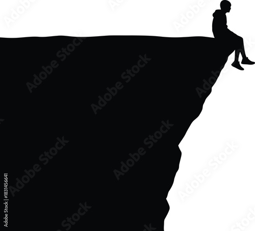 Black Silhouette of a Young Person Sitting on the Edge of a High Cliff Vector Illustration of Solitude and Contemplation