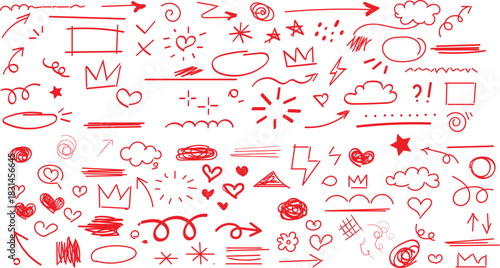 collection of hand-drawn red doodles and sketch elements sparkle stars vector illustration  