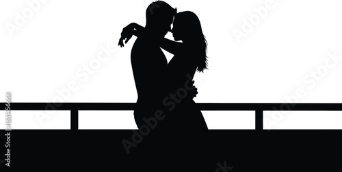 Couple Silhouette Embracing on a Balcony Black and White Vector Graphic of Love and Romance