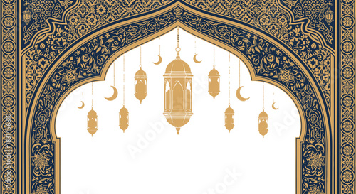 Elegant islamic arch design featuring hanging golden lanterns and ornate floral decorations perfect for ramadan or eid celebrations background