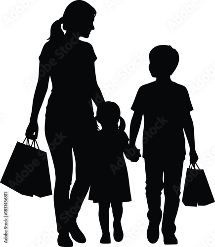 Mother and two children walking together holding hands and carrying shopping bags black silhouette vector illustration