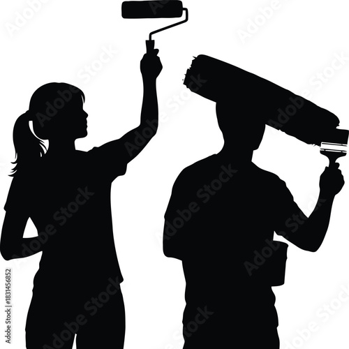 Silhouette of Couple Painting Wall with Roller and Brush Home Renovation Teamwork DIY Vector Graphic