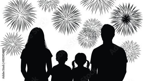 Family Silhouette Watching Fireworks Display Black and White Illustration