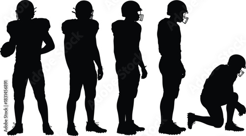 American football player silhouette collection showing multiple athletic poses, sports action stances, training positions, teamwork concept, professional athlete vector illustration