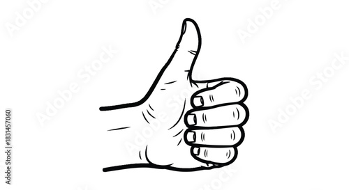 Hand showing thumbs up gesture in a black and white line art style.