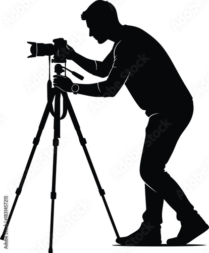 Photographer Silhouette Vector Illustration Man Working with Professional Camera on Tripod Black and White Graphic