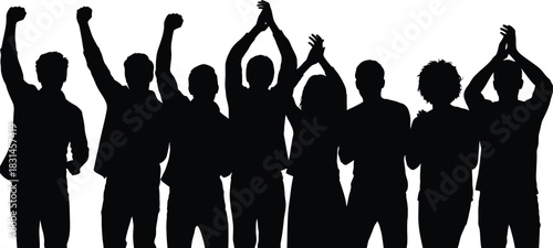 Crowd Silhouette Vector with Raised Fists and Clapping Hands Celebrating Victory or Protest