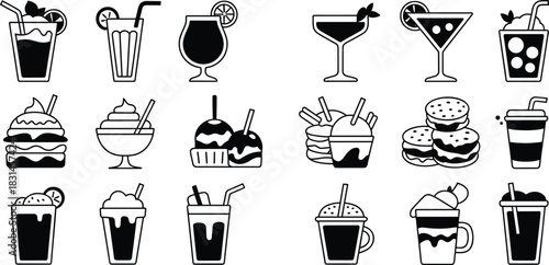 Black and white food and drink icons featuring beverages desserts burgers and snacks in bold outlined graphic style for menu design