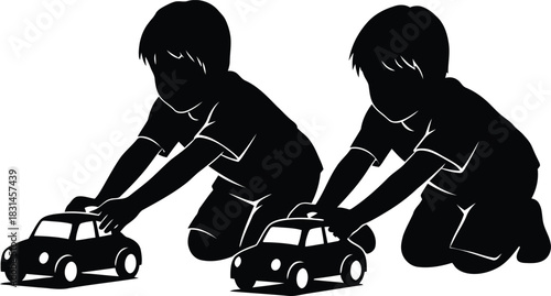 Vector Silhouette of Two Boys Playing with Toy Cars on the Floor Childhood Playtime Graphic Resource