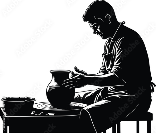Craftsman Working on Pottery Wheel Silhouette Vector Illustration