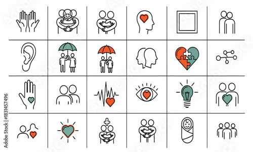 A collection of 25 thin line icons symbolizing human connection, love, family, support, and mental wellbeing