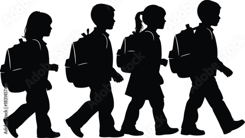 Black Silhouette Vector of Diverse Students Walking to School Carrying Backpacks