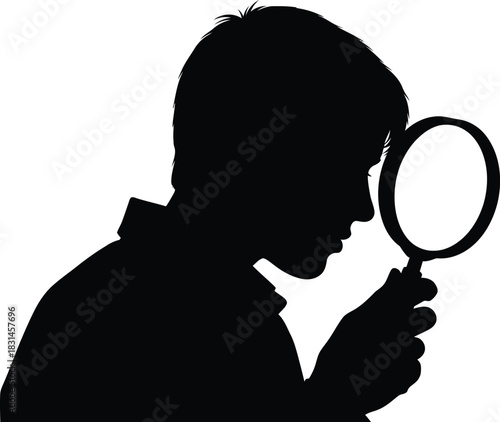 Person using magnifying glass black silhouette vector graphic icon of search investigation and research