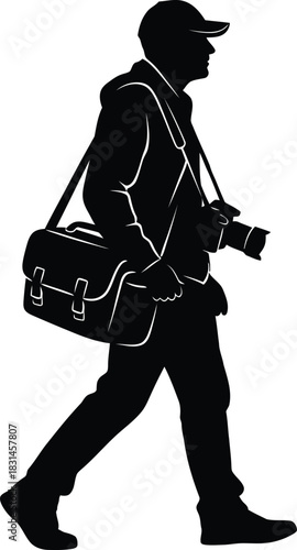 Walking Photographer Silhouette Vector Graphic with Camera and Shoulder Bag Black and White Icon