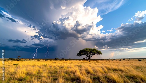 Dramatic lightning storm over a savanna landscape with acacia trees Africa