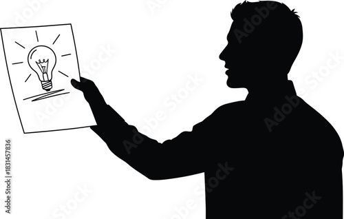 Man Silhouette Holding Paper with Hand Drawn Lightbulb Idea Vector Graphic