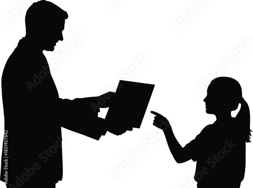 Man holding book or document silhouette with girl pointing Education teaching mentorship black and white vector graphic