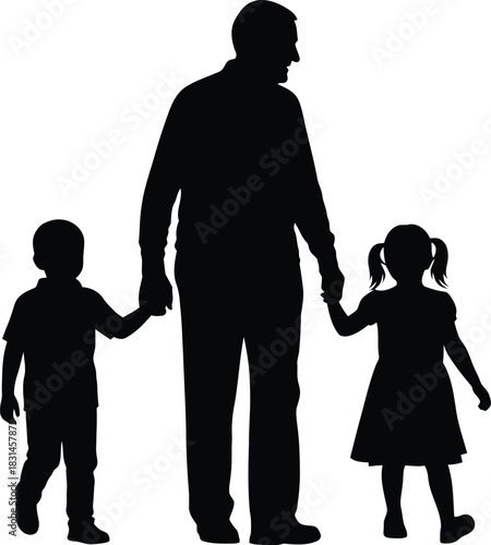 Father man holding hands with two young children boy and girl family walking silhouette black and white vector graphic