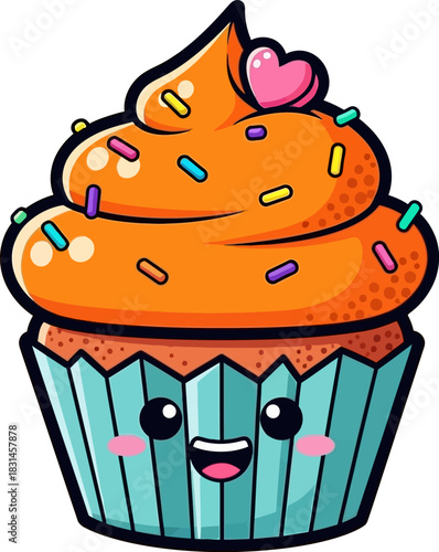 Cute Kawaii Cupcake Character with Orange Frosting and Sprinkles.