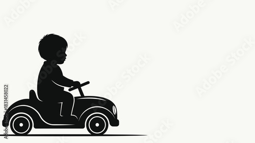 Toddler Silhouette Driving Classic Toy Car Minimalist Vector Graphic Black and White Childhood Play Icon