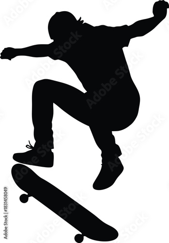 Black Silhouette of Skateboarder Jumping Performing a Skate Trick Sport Action Vector Graphic Icon