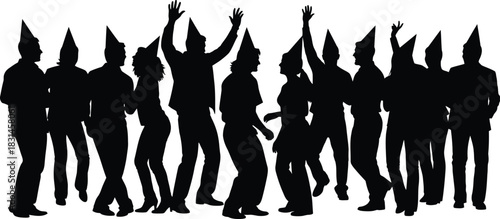 Party Silhouettes Group of People Wearing Conical Hats Celebrating New Year or Birthday Event Black Vector Illustration