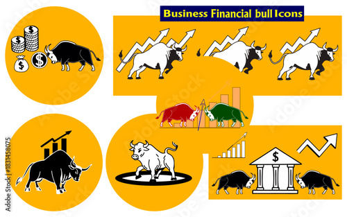 Stock market bull icon set for finance and investment. Business and financial bullish trend, bull, stock market, money and investment, financial bull market success and growth symbol