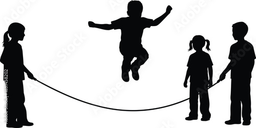 Children playing jump rope silhouette vector illustration of kids actively jumping and skipping