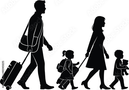Black vector silhouette of family traveling walking together with luggage icons