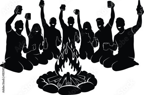 Group of Friends Cheering Around Campfire Silhouette Raising Drinks Bonfire Party Celebration Night Camping Vector