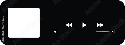 A minimalist black media player interface featuring a blank white square for content display and essential playback control buttons, symbolizing digital media.