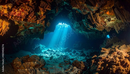 Sunbeams pierce the deep blue water illuminating an underwater cave with rock formations and coral