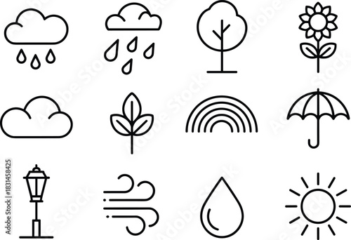 Set of twelve minimalist weather and nature line icons including rain clouds trees flowers rainbow umbrella wind droplet and sunshine symbols