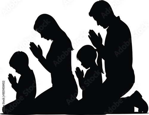 Family praying silhouette vector illustration religious devotion and worship together
