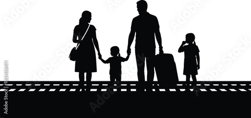 Black and white silhouette of a family traveling together standing on railway tracks with luggage