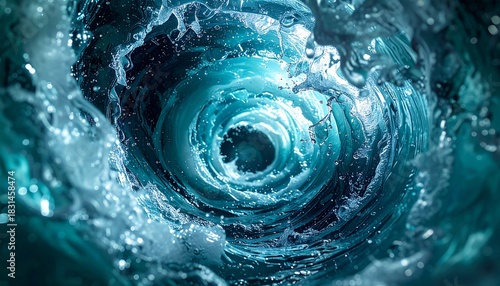 Dynamic turbulent water vortex with splashing droplets and light reflections