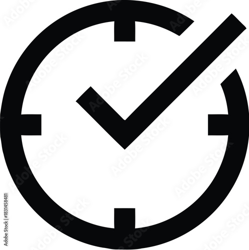A minimalist black outline icon of a clock with a clear checkmark, symbolizing timely completion, approval, or successful scheduling of tasks.