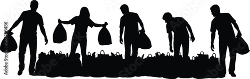 People Carrying Bags Silhouette Teamwork Garbage or Shopping Vector