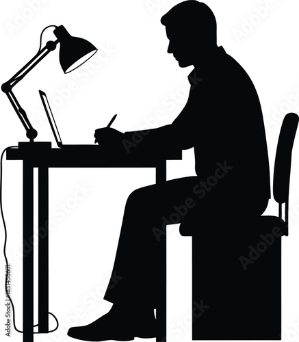 Professional Man Working at Desk Silhouette Vector Illustration with Laptop and Adjustable Lamp Side View